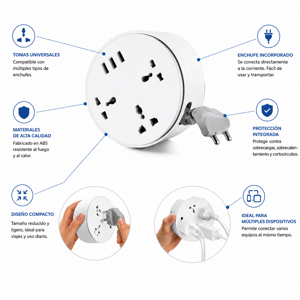 Carga 6 Dispositivos a la Vez - Regleta Compacta Cable Retráctil